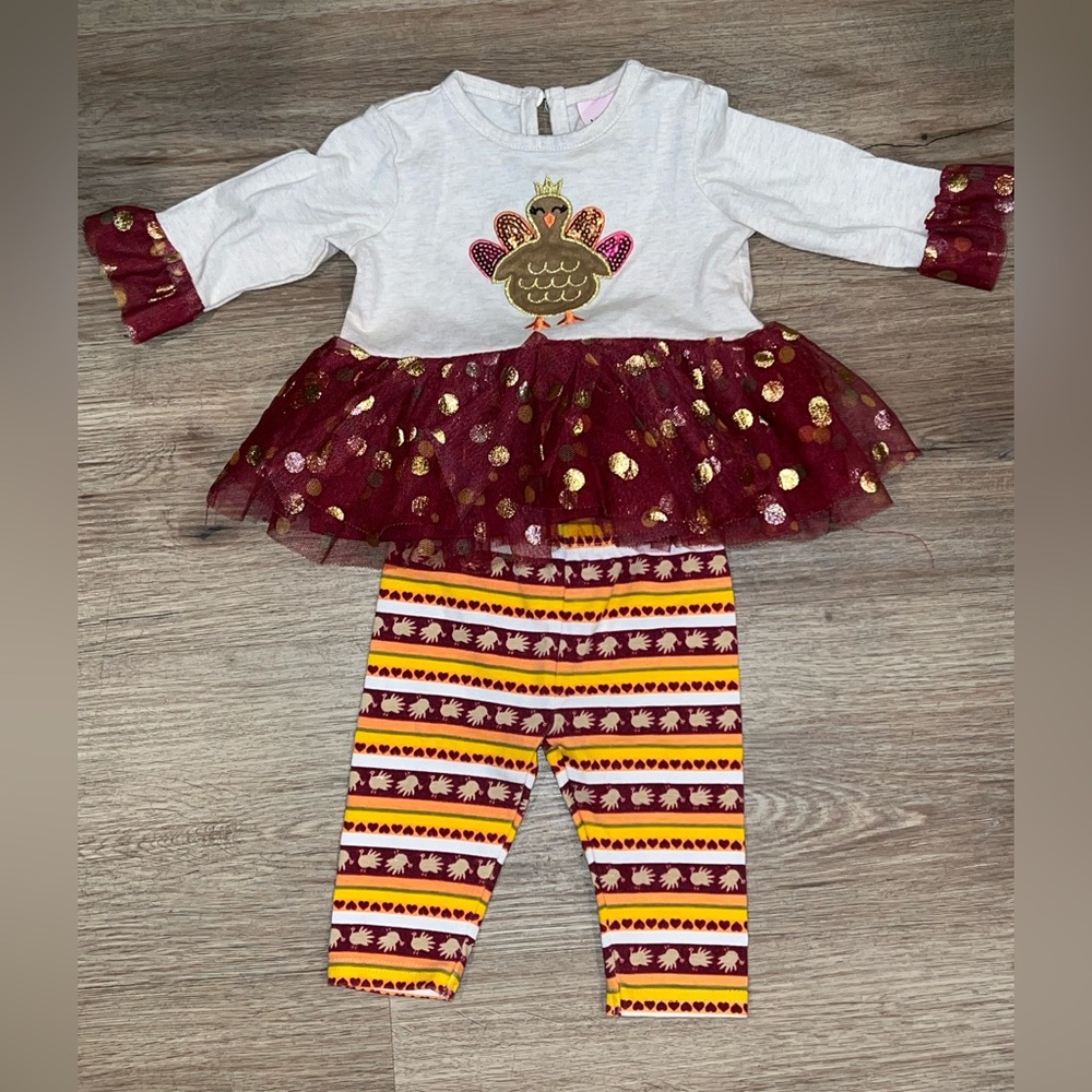 Little Lass Thanksgiving Turkey Peplum Top And Patterned Legging, 2-Piece Outfit